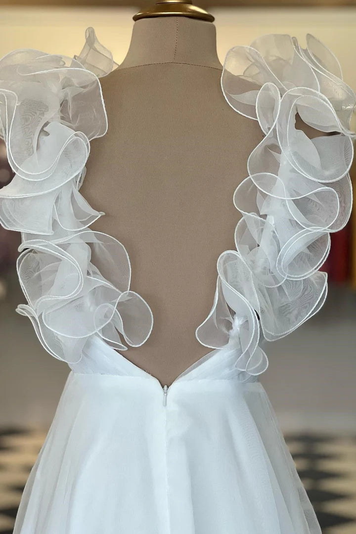 Vestido de fiesta con mangas cortas, espalda descubierta, corte A, cruzado y volantes